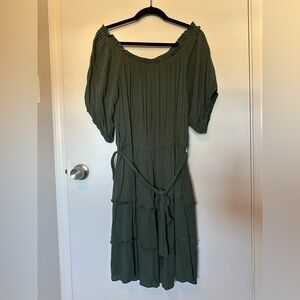 City Chic Olive Green Tiered Midi Dress with Tie Waist
